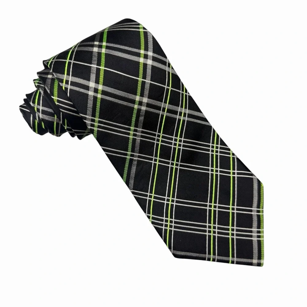 Hermes Men's Recent Tie Black/Green Plaid‎ Silk 758815T 3.75